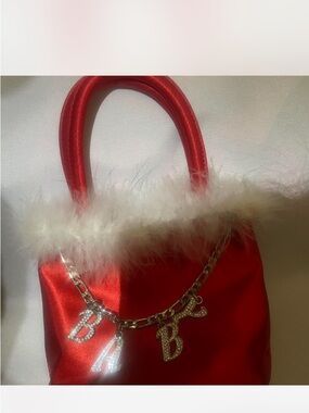 Red Satin Faux-Fur Trim Handbag